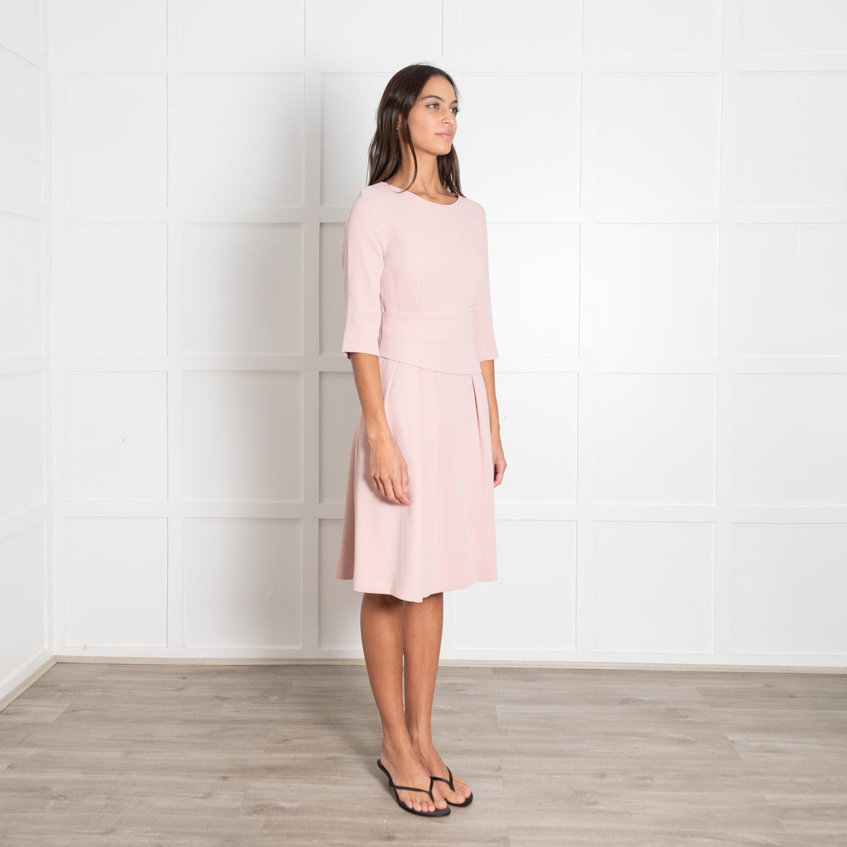 The Fold Blush Pink Pleated Crepe Long-Sleeved Midi Dress