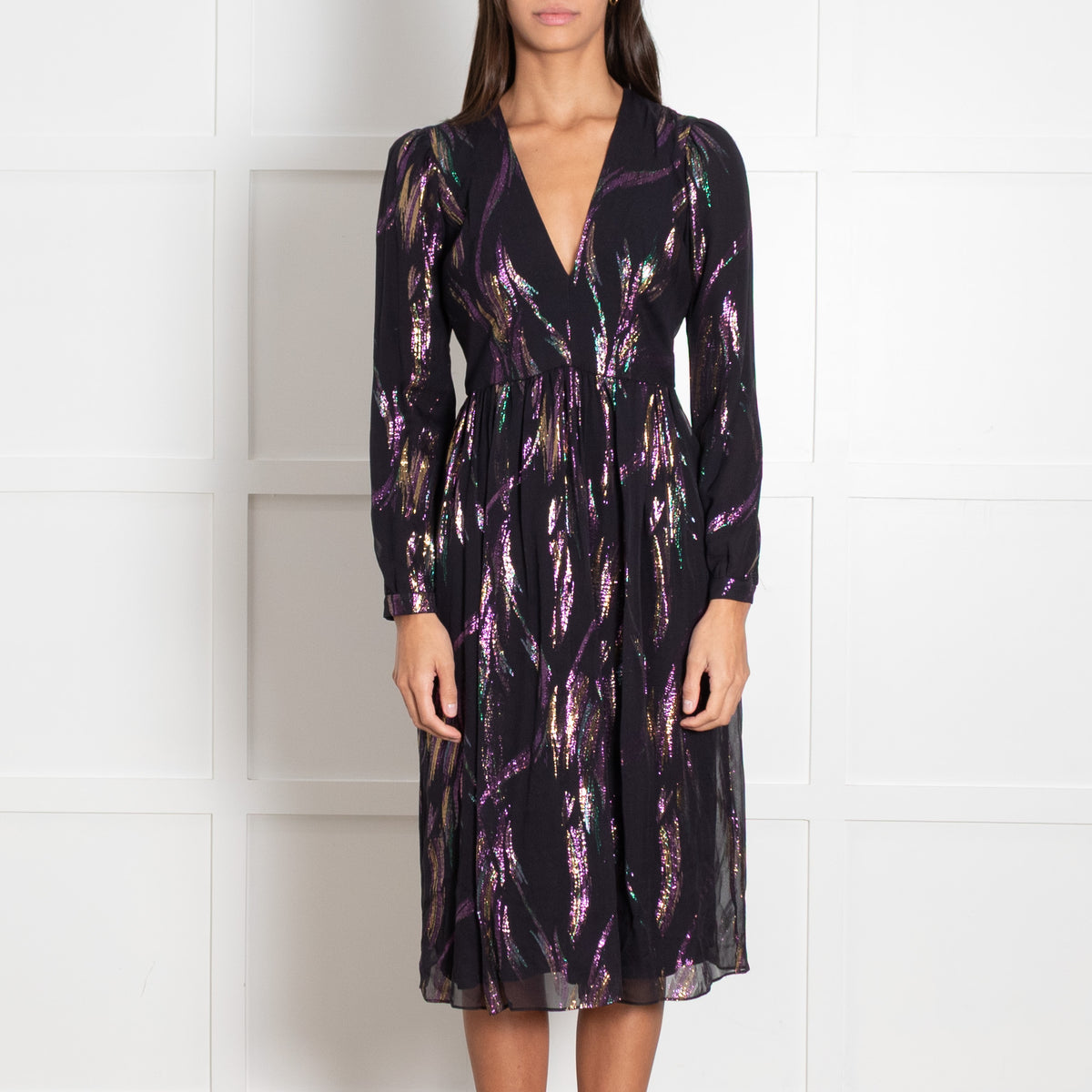 Saloni Black Iridescent Metallic Lurex Print Dress