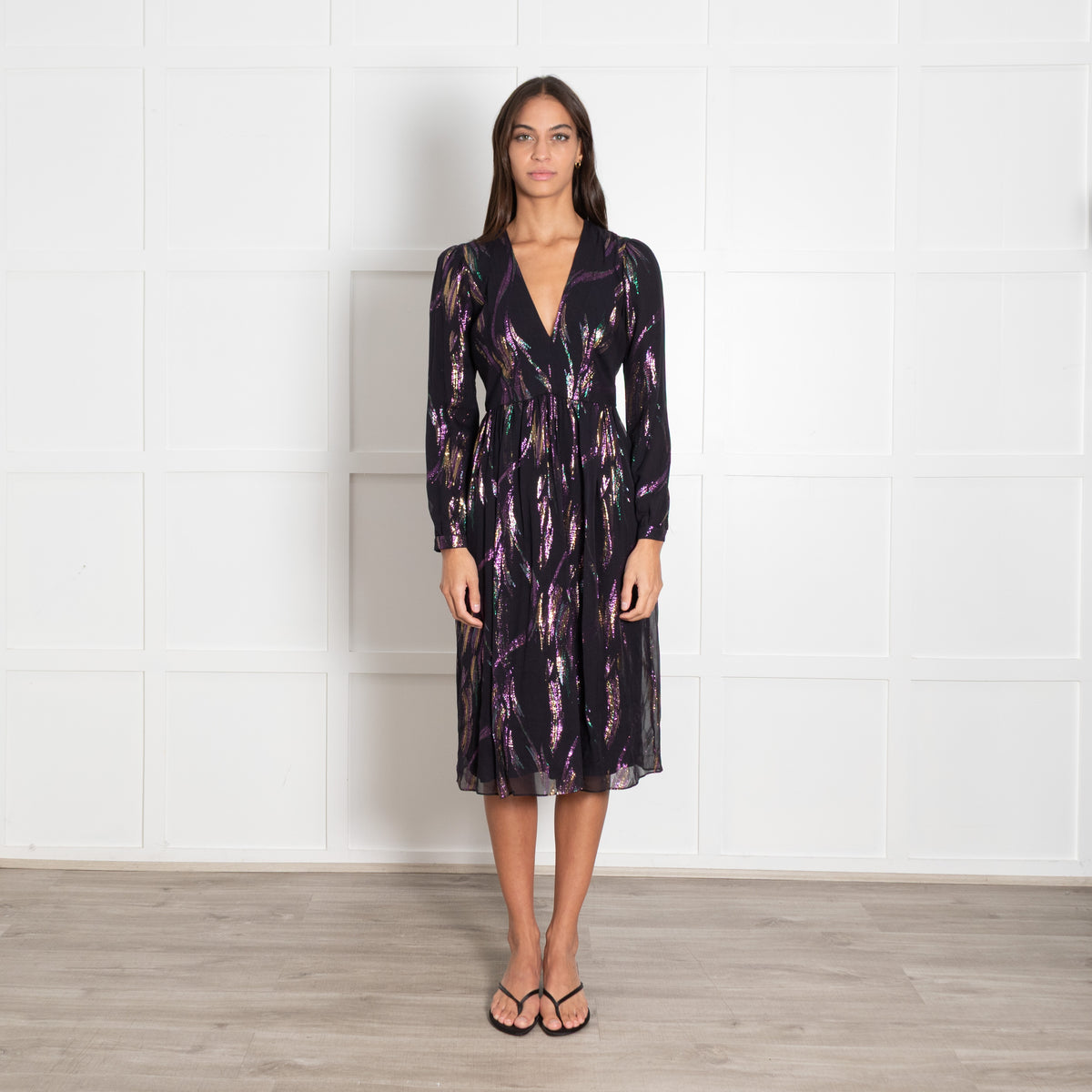 Saloni Black Iridescent Metallic Lurex Print Dress