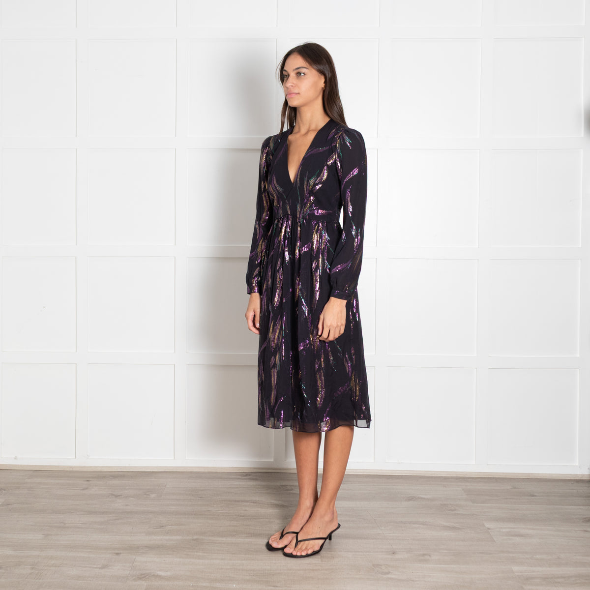 Saloni Black Iridescent Metallic Lurex Print Dress