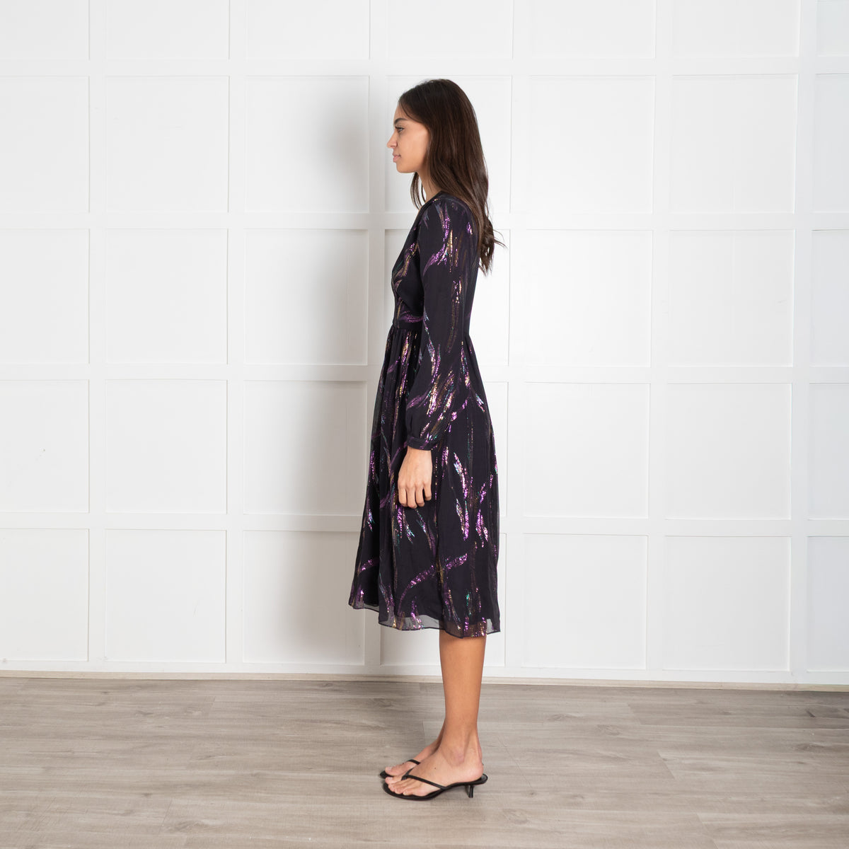 Saloni Black Iridescent Metallic Lurex Print Dress