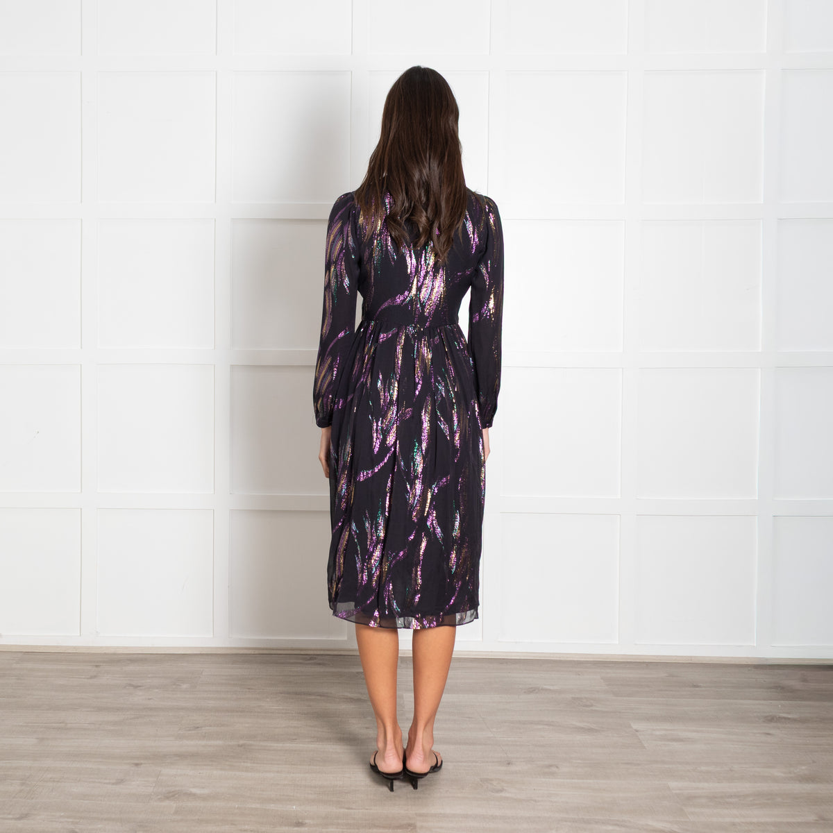 Saloni Black Iridescent Metallic Lurex Print Dress