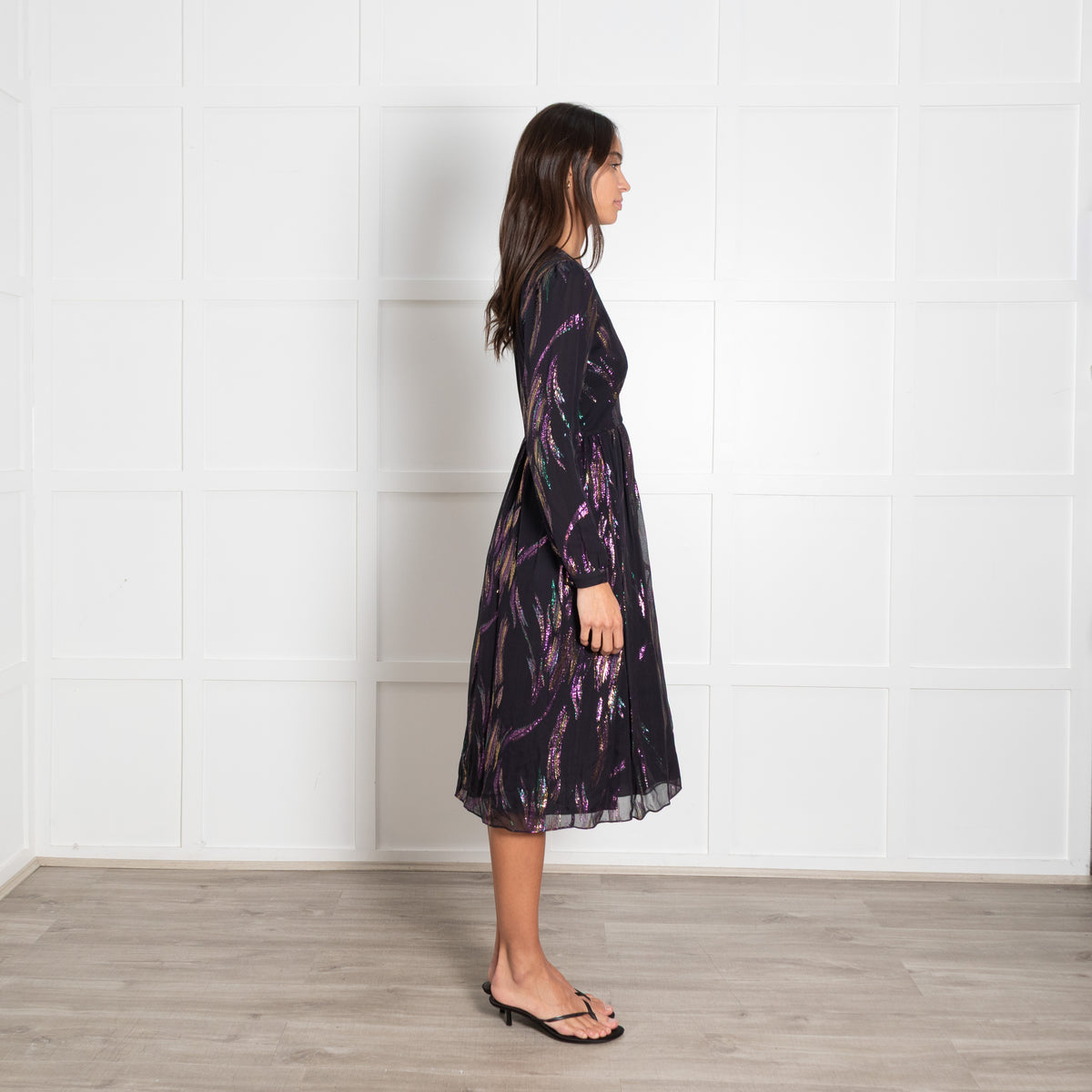 Saloni Black Iridescent Metallic Lurex Print Dress