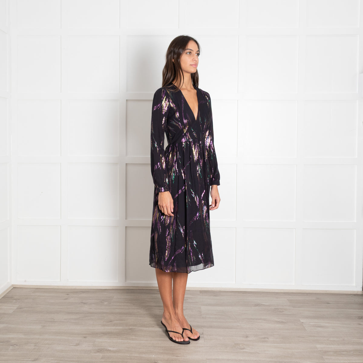 Saloni Black Iridescent Metallic Lurex Print Dress