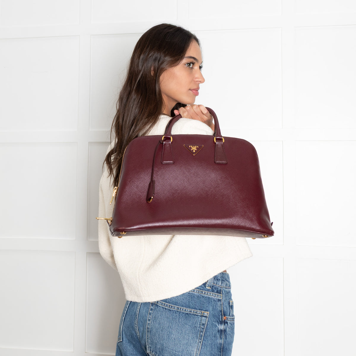 Prada Saffiano Burgandy Prominade Satchel