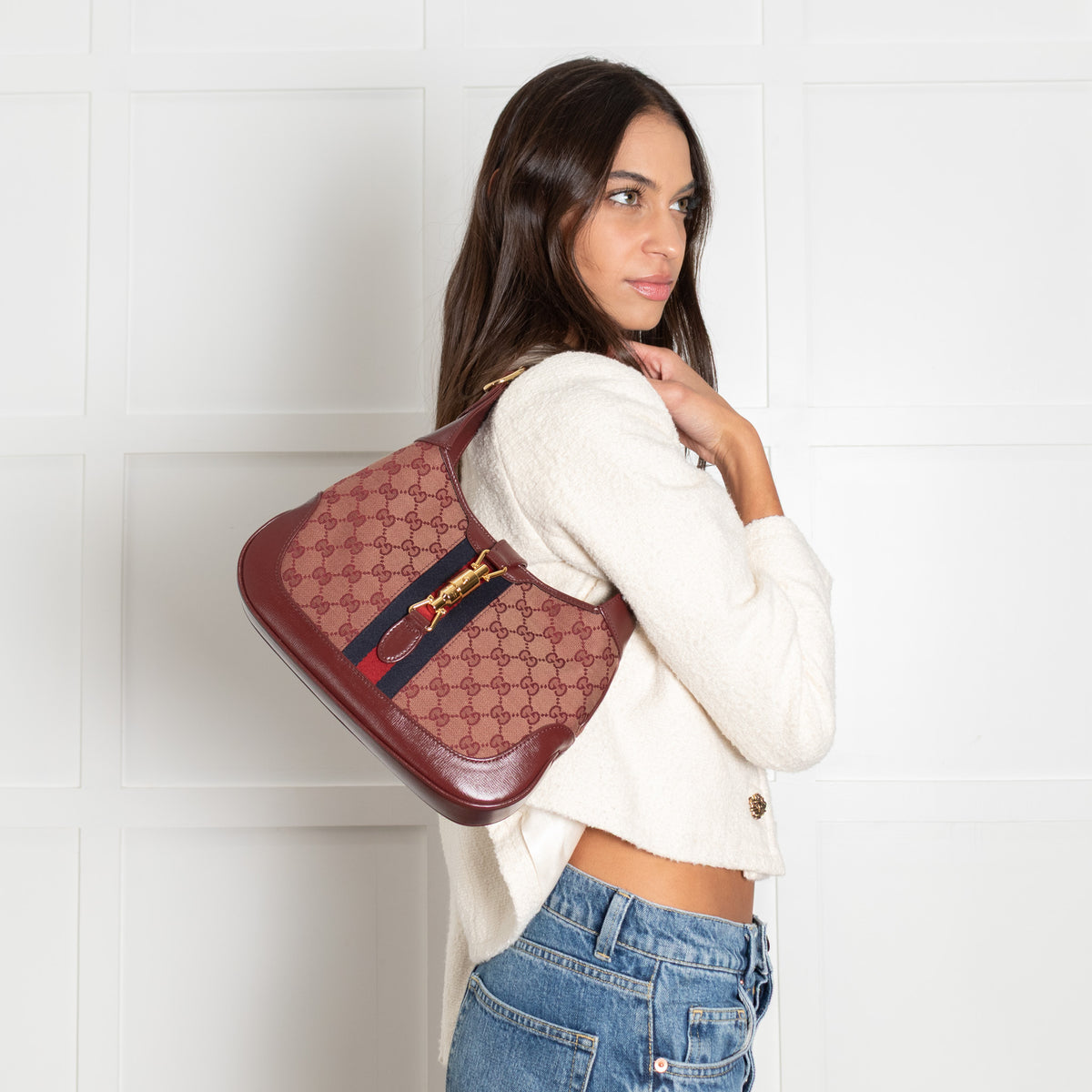 Gucci Burgundy Leather GG Canvas Jackie Shoulder Bag