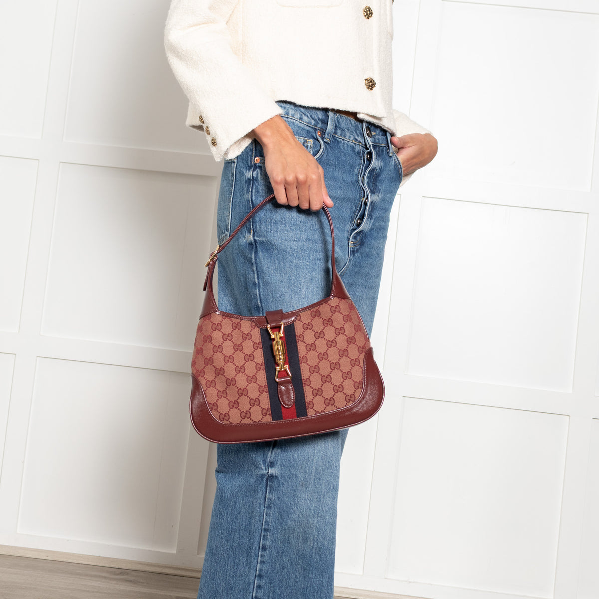 Gucci Burgundy Leather GG Canvas Jackie Shoulder Bag