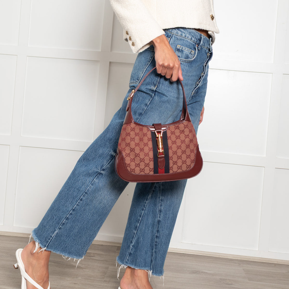 Gucci Burgundy Leather GG Canvas Jackie Shoulder Bag