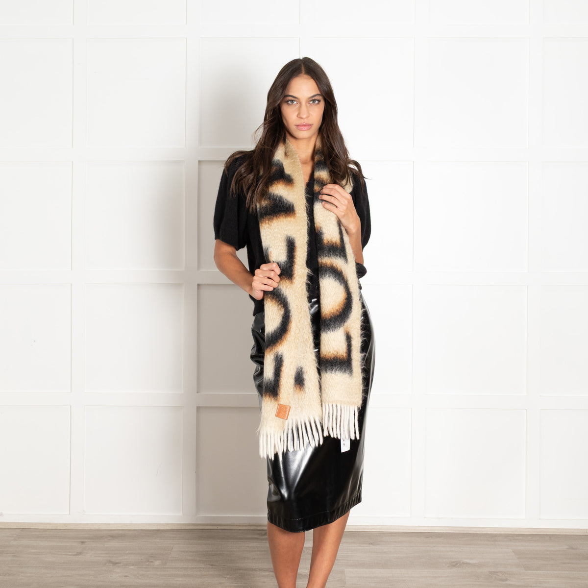 Loewe Fringed Mohair Mix Logo Print Brown Scarf