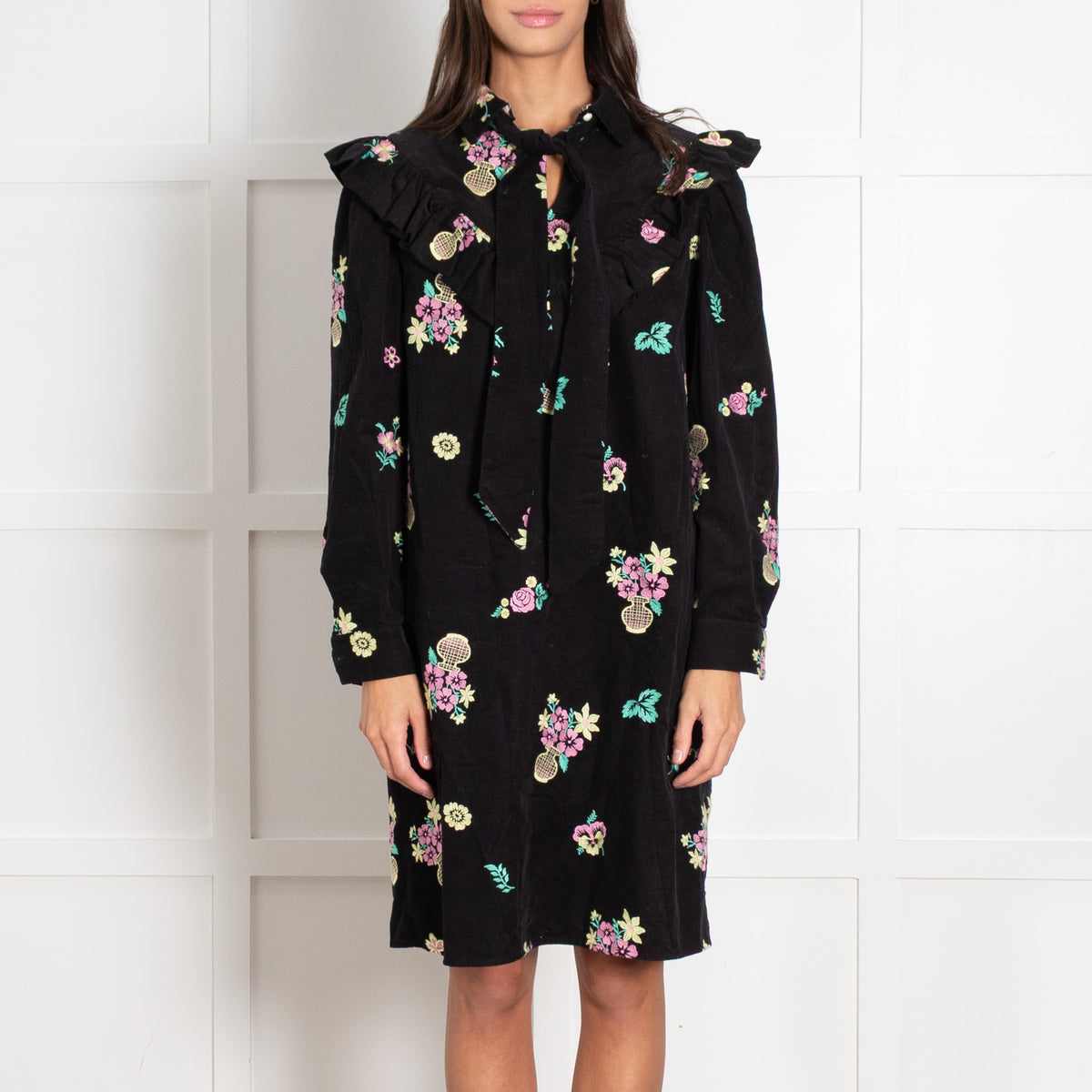Batsheva Black Corduroy Floral Pattern Long-Sleeved Midi Dress