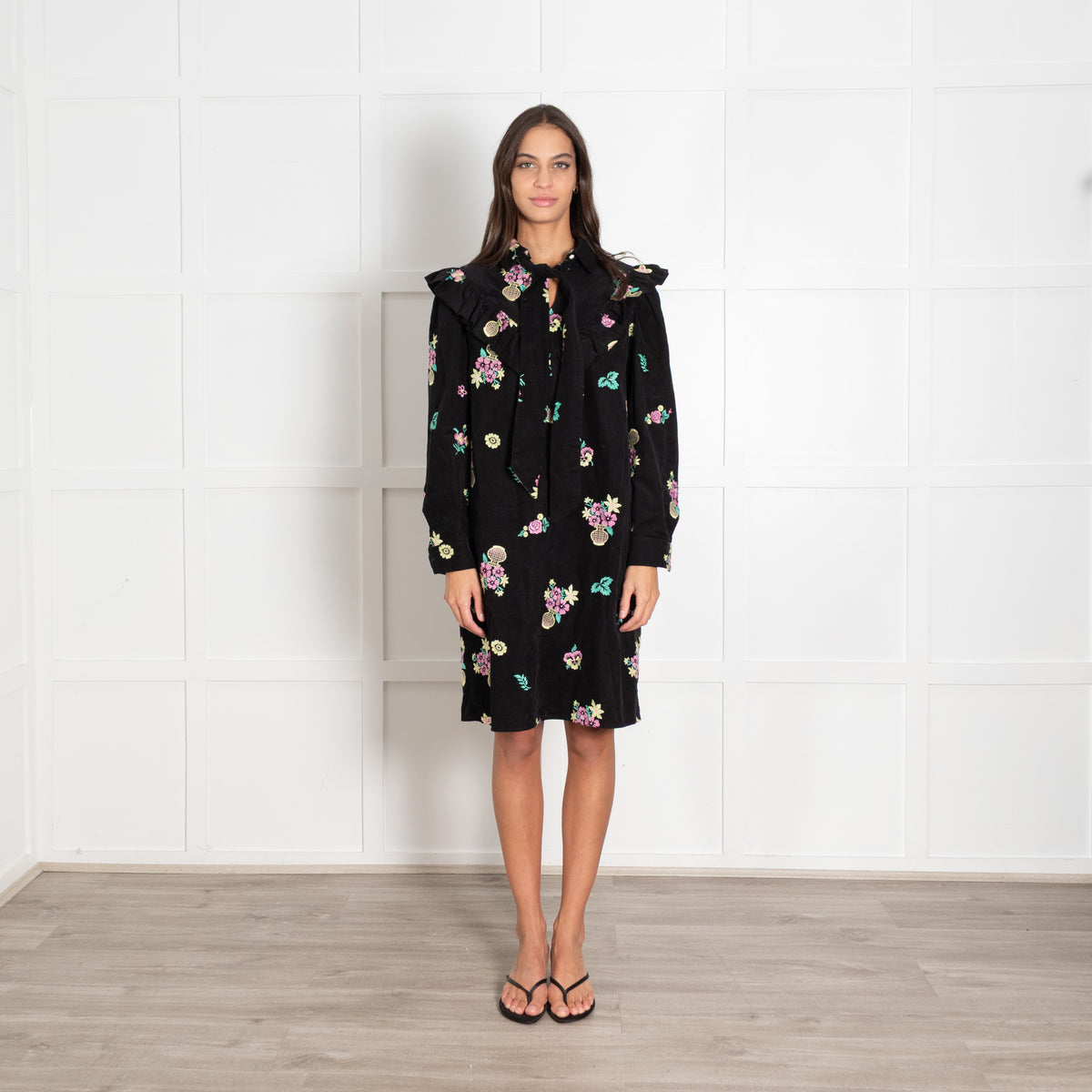 Batsheva Black Corduroy Floral Pattern Long-Sleeved Midi Dress