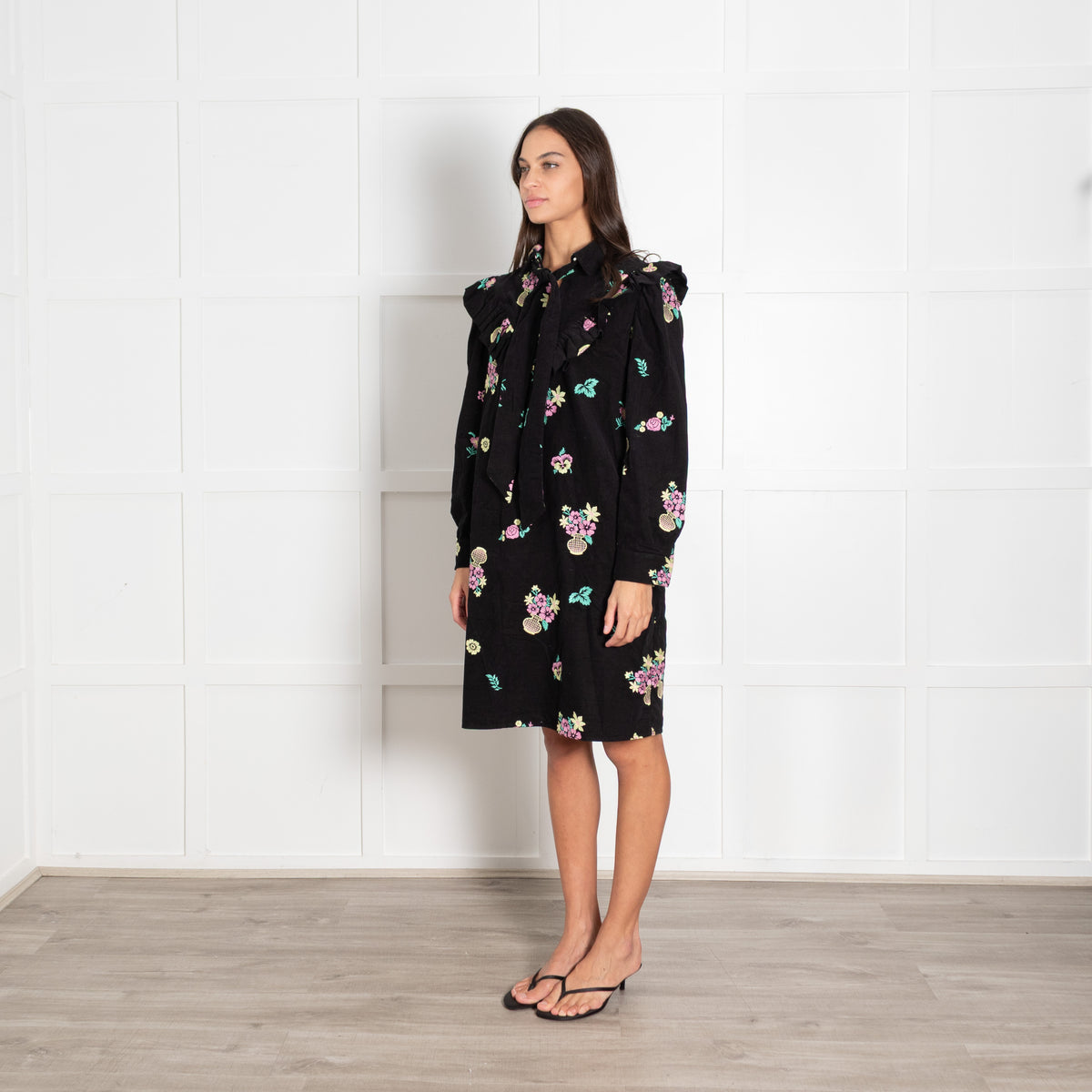 Batsheva Black Corduroy Floral Pattern Long-Sleeved Midi Dress