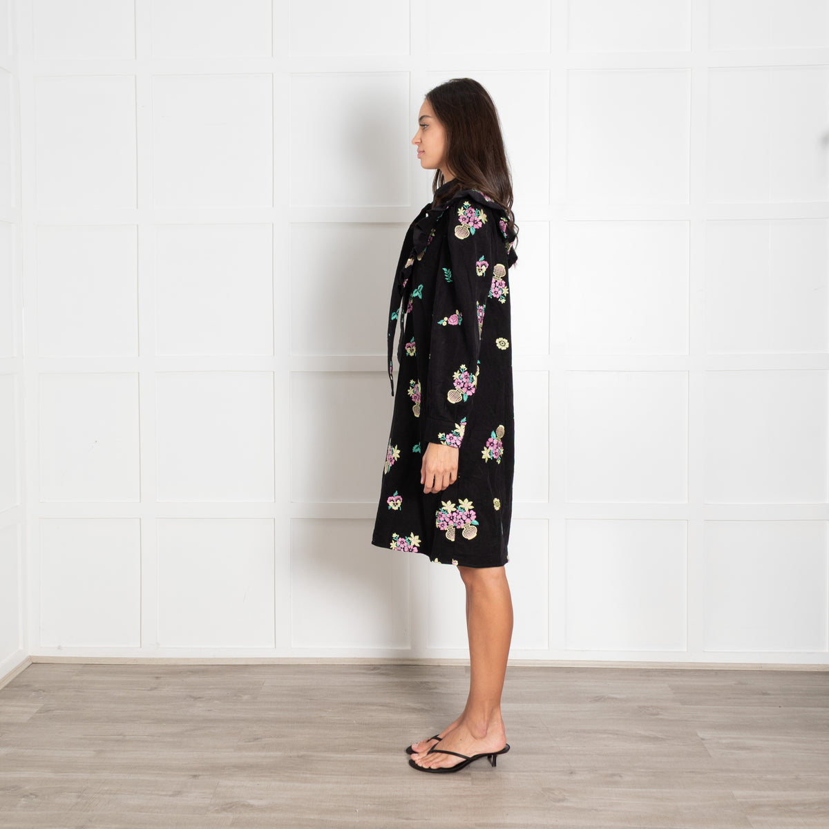 Batsheva Black Corduroy Floral Pattern Long-Sleeved Midi Dress