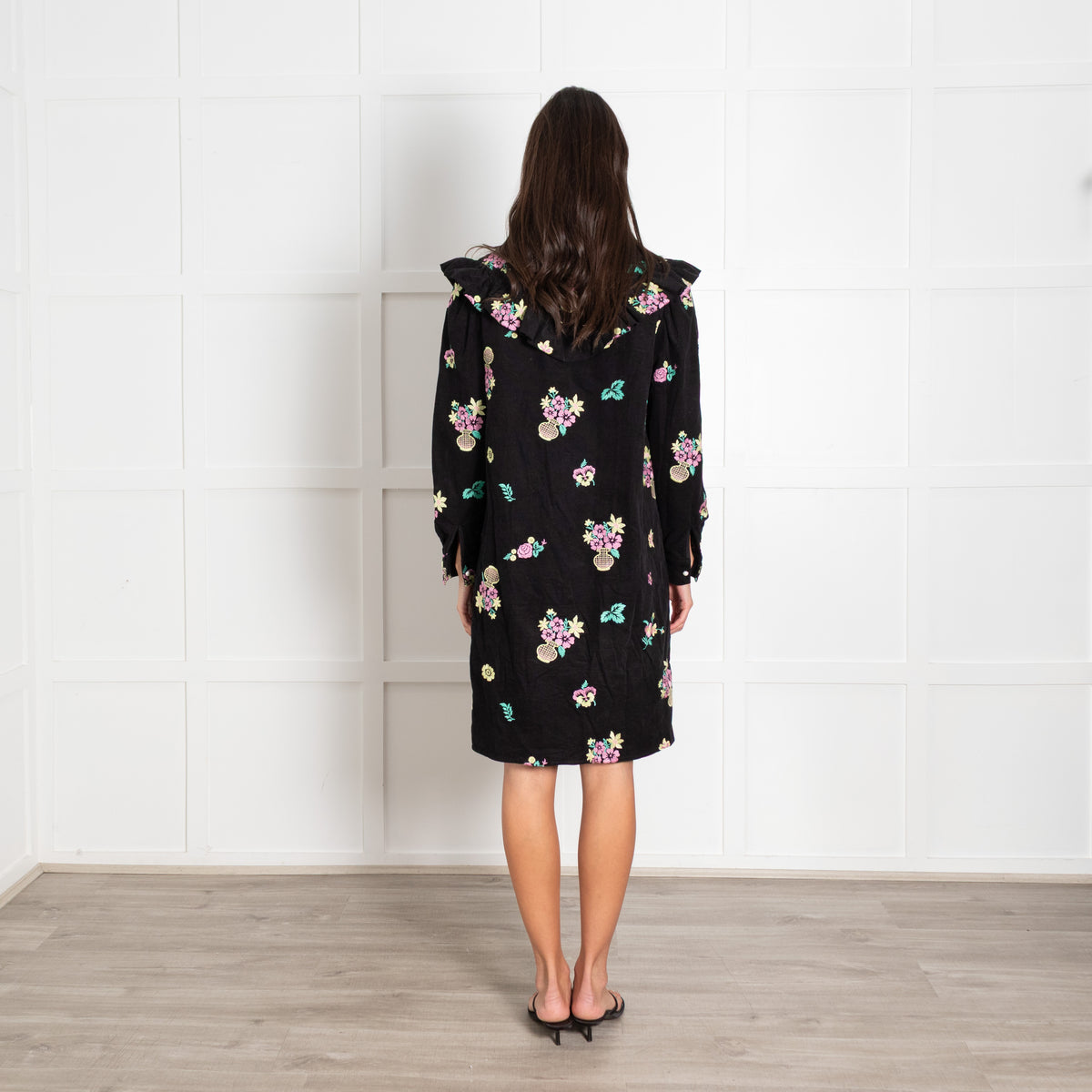Batsheva Black Corduroy Floral Pattern Long-Sleeved Midi Dress
