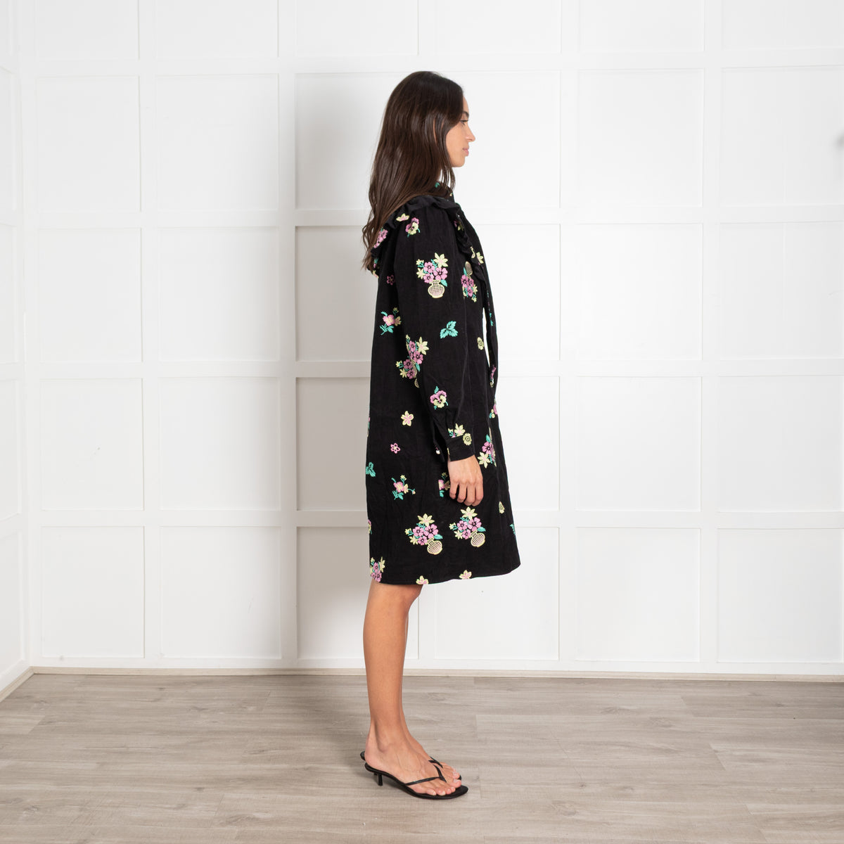Batsheva Black Corduroy Floral Pattern Long-Sleeved Midi Dress