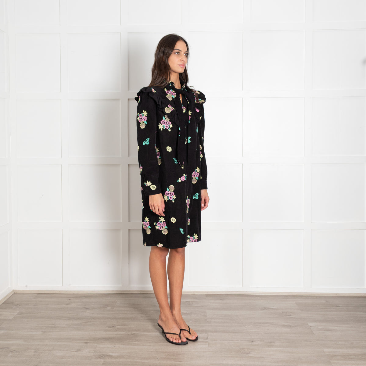 Batsheva Black Corduroy Floral Pattern Long-Sleeved Midi Dress