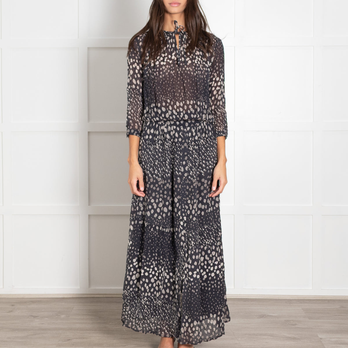 ba&sh Black Cream Pebble Print Full Length Dress