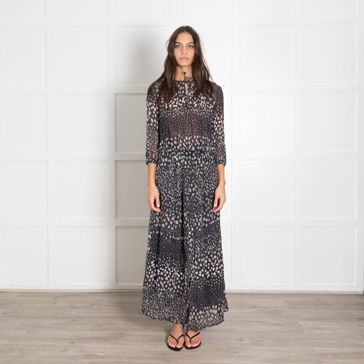 ba&sh Black Cream Pebble Print Full Length Dress
