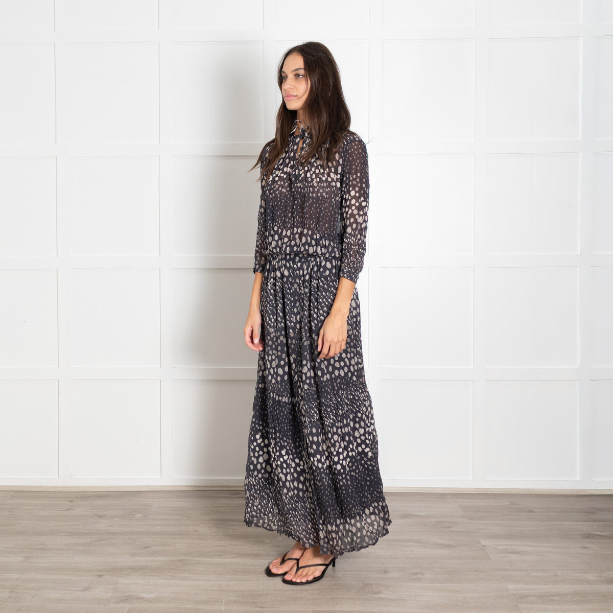 ba&sh Black Cream Pebble Print Full Length Dress