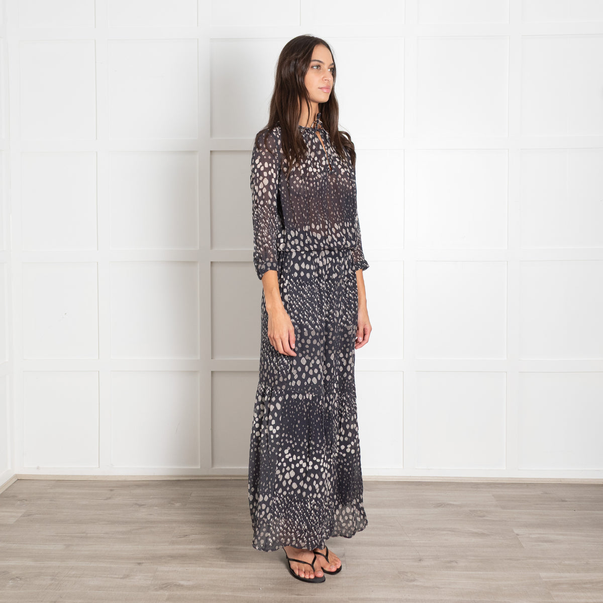ba&sh Black Cream Pebble Print Full Length Dress