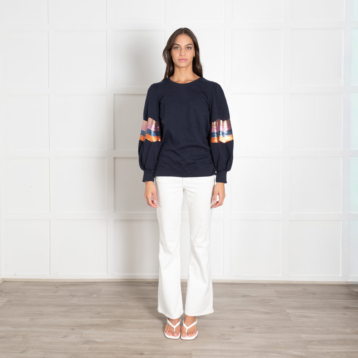 Wyse Navy Multi Sequin Detail Sweatshirt