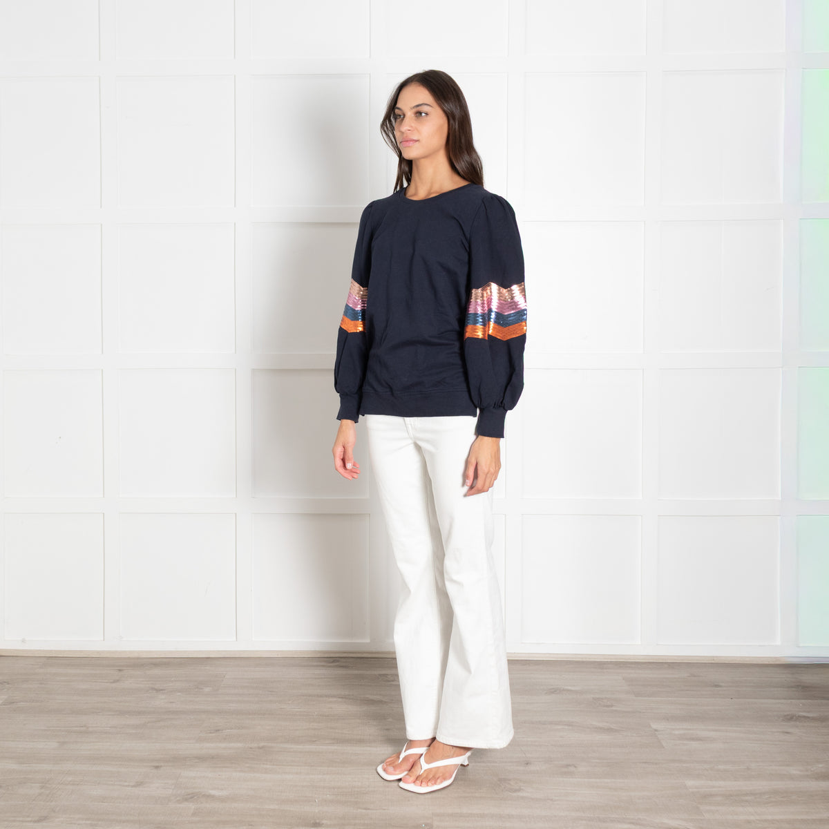 Wyse Navy Multi Sequin Detail Sweatshirt