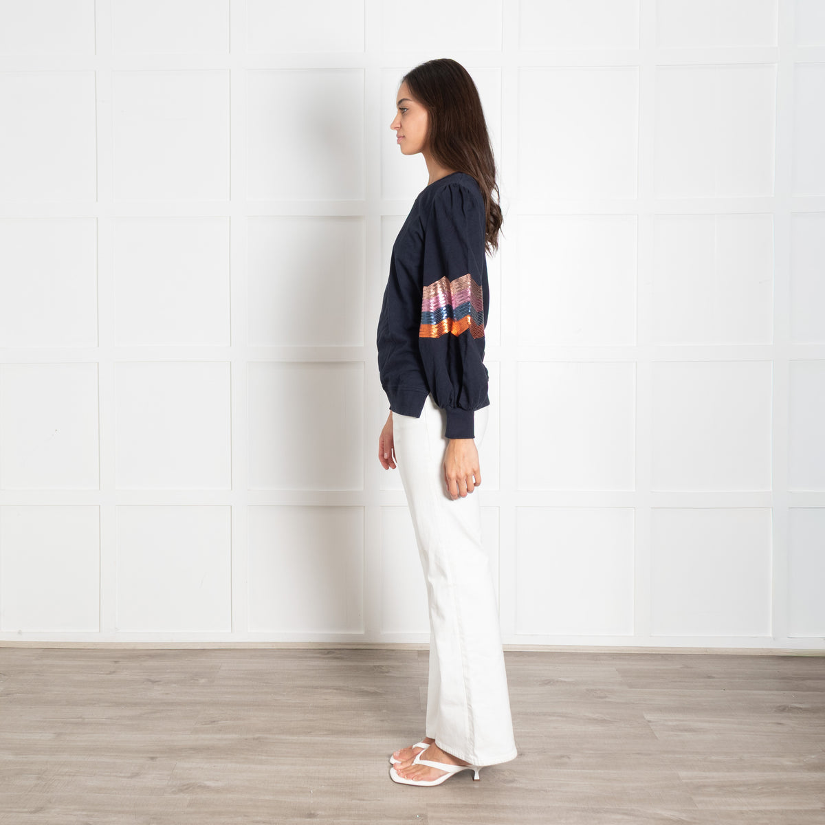 Wyse Navy Multi Sequin Detail Sweatshirt