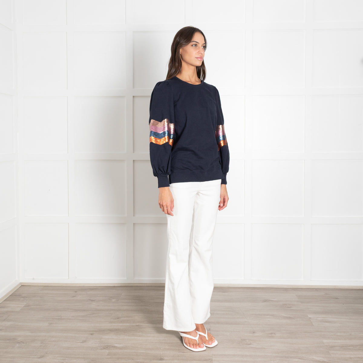 Wyse Navy Multi Sequin Detail Sweatshirt