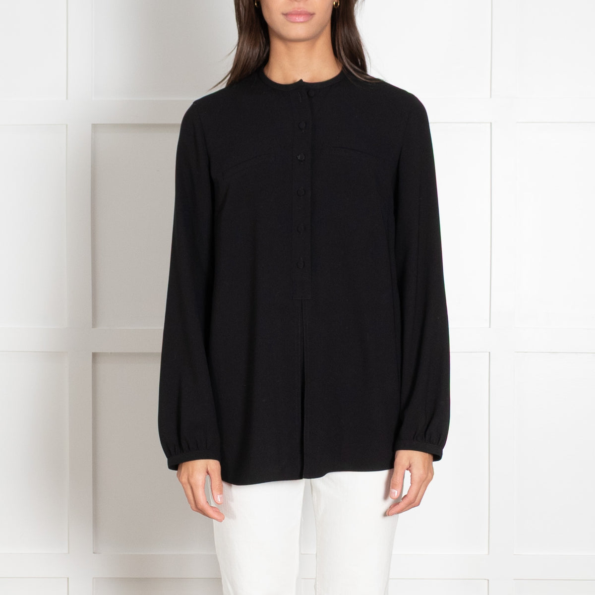 Strenesse Black Sleek Mandarin Collar Long-Sleeved Buttoned Blouse
