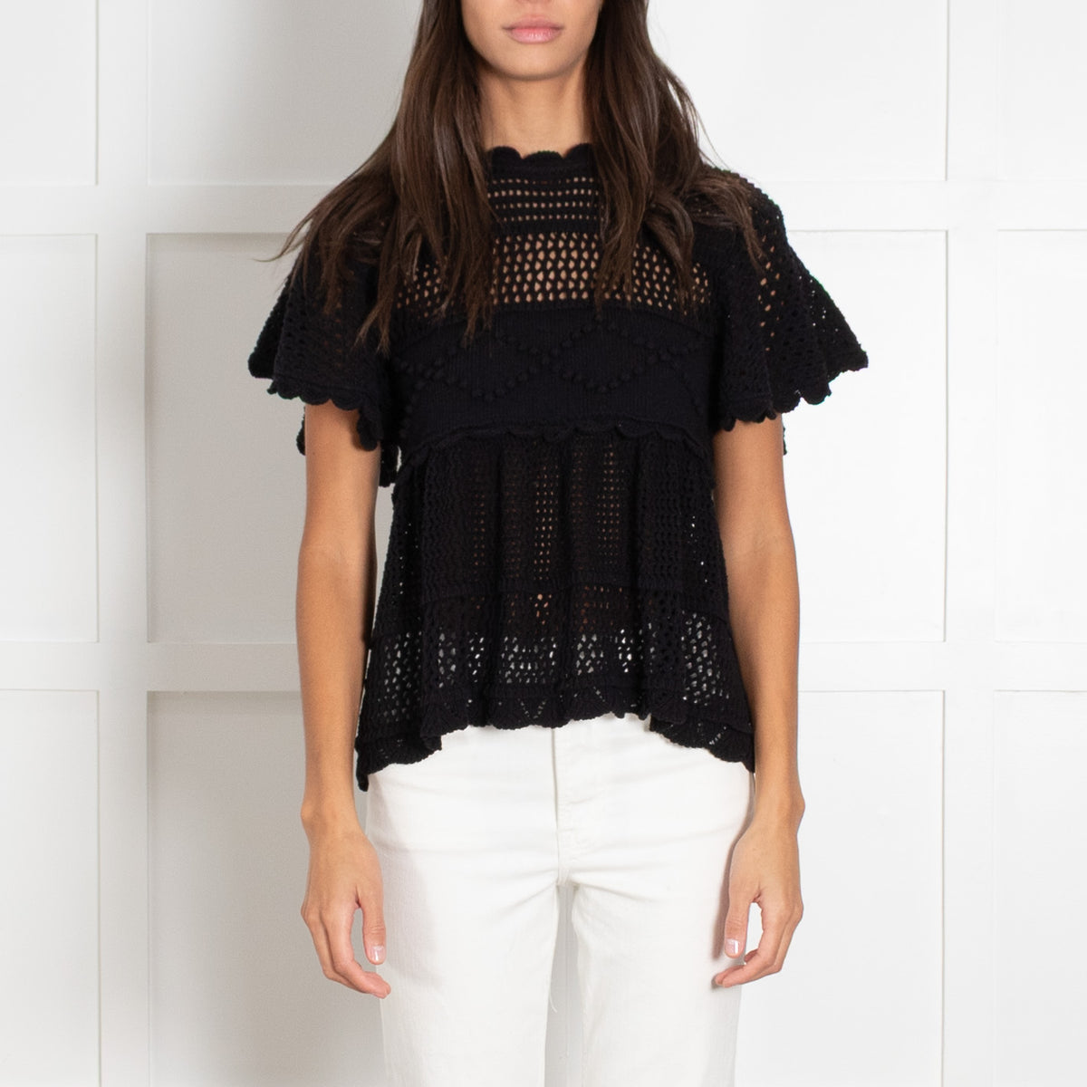 Alexa Chung Black Short-Sleeved Open Back Crochet Top