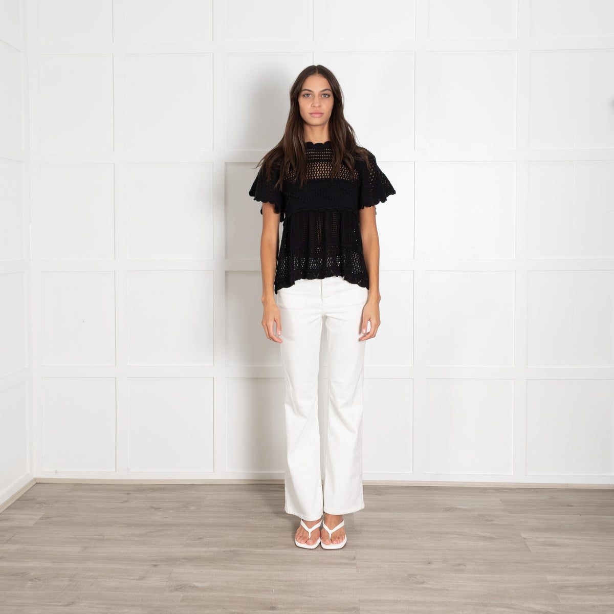 Alexa Chung Black Short-Sleeved Open Back Crochet Top