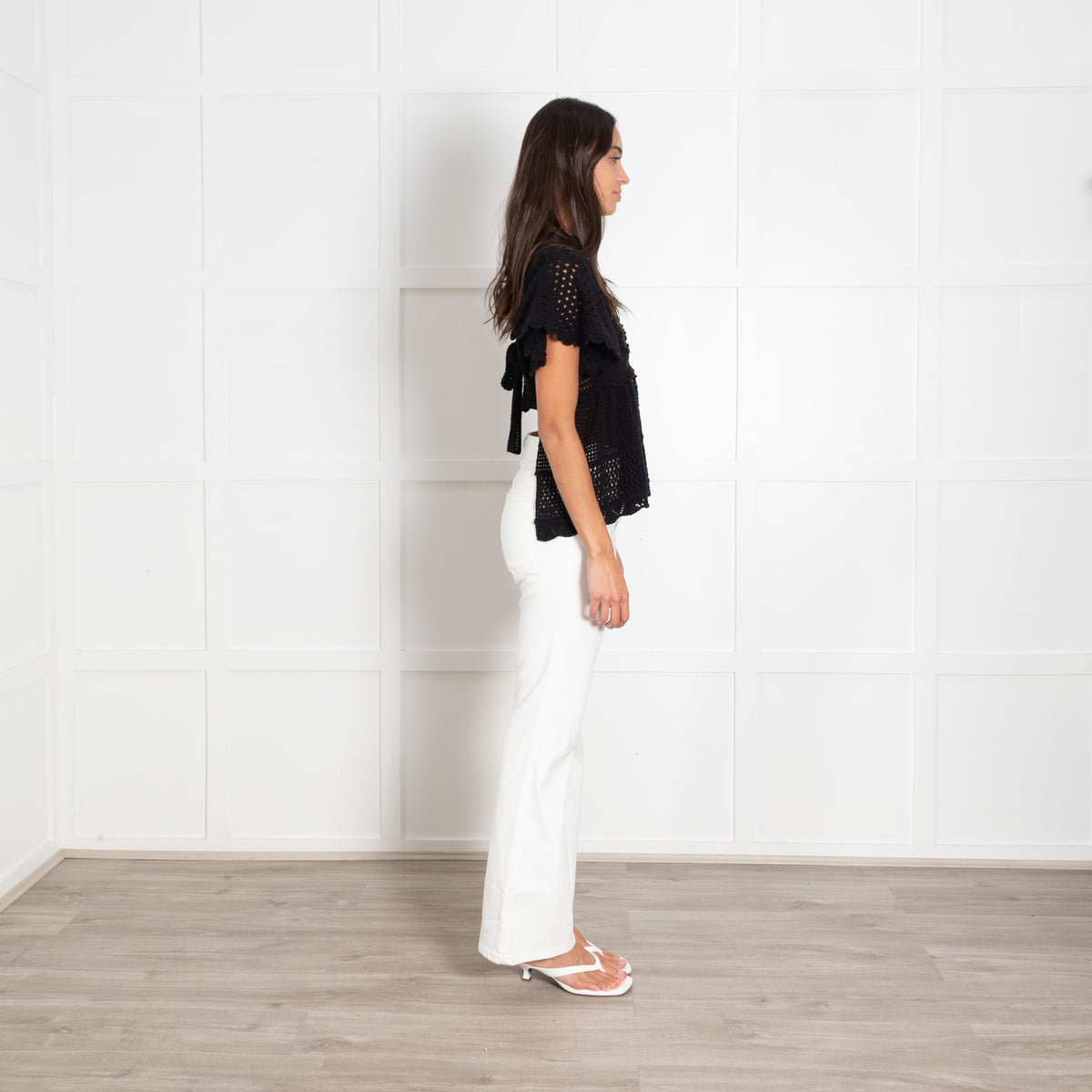 Alexa Chung Black Short-Sleeved Open Back Crochet Top