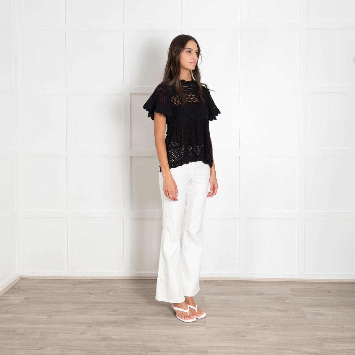 Alexa Chung Black Short-Sleeved Open Back Crochet Top