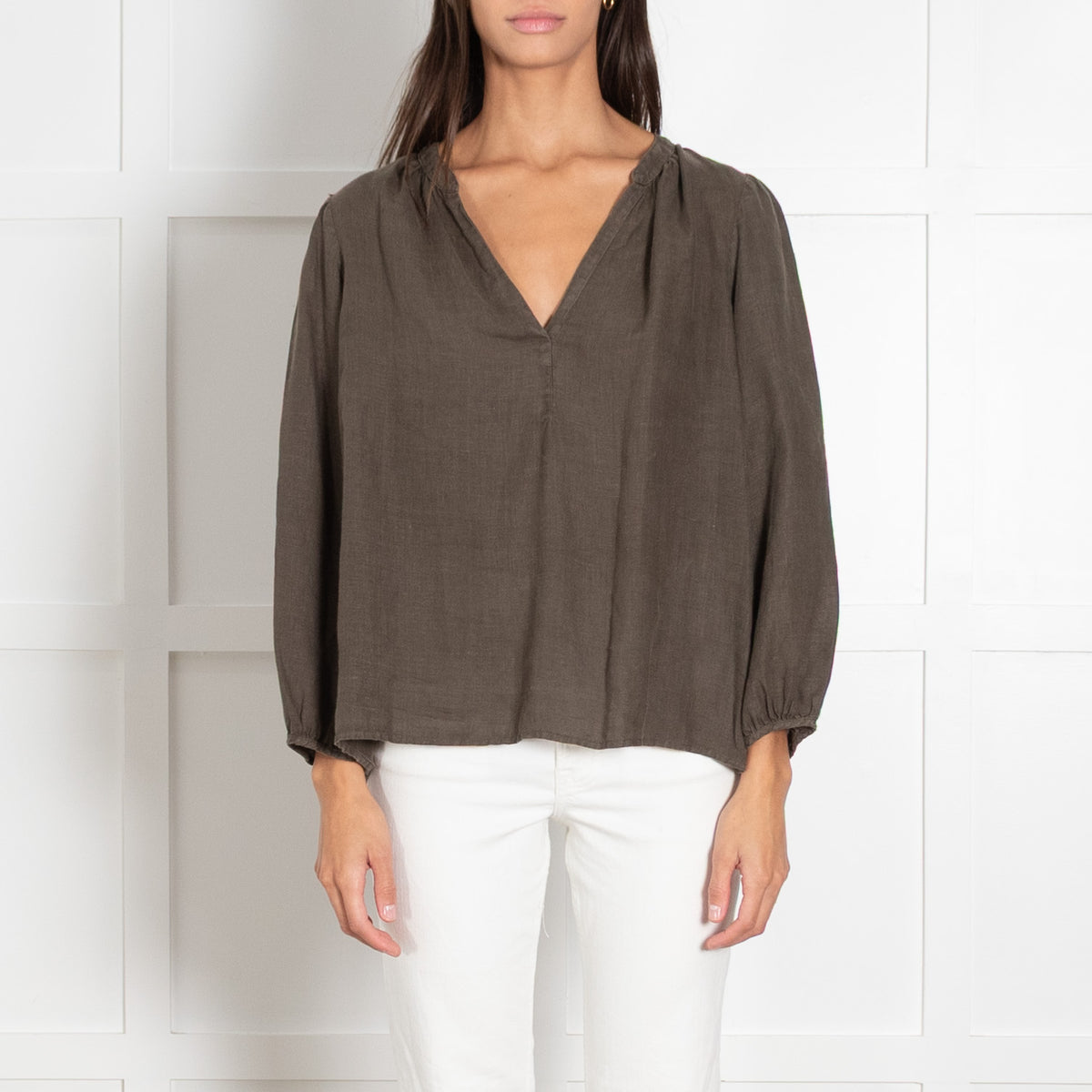Velvet Dark Green Linen V-neck Flowy Long-Sleeved Blouse