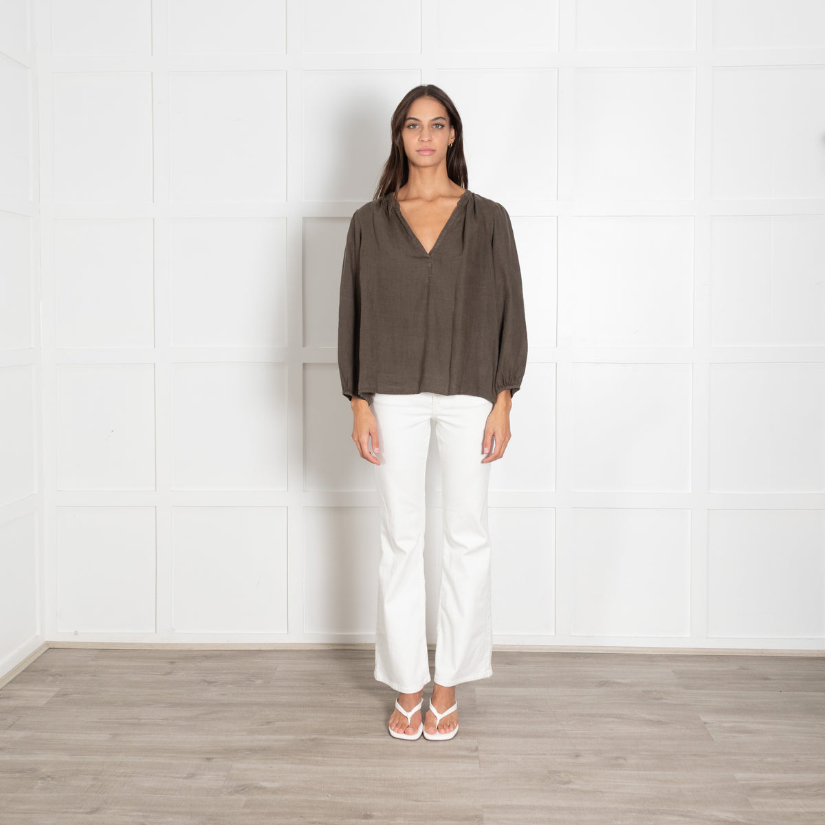 Velvet Dark Green Linen V-neck Flowy Long-Sleeved Blouse