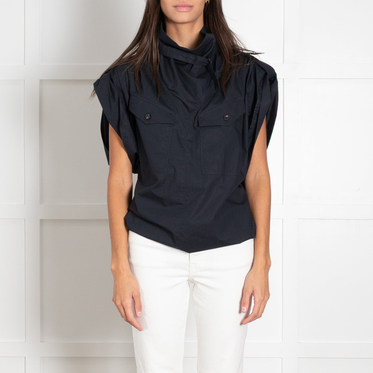 Isabel Marant Etolie Navy Remea Short Sleeve Funnel Neck Top