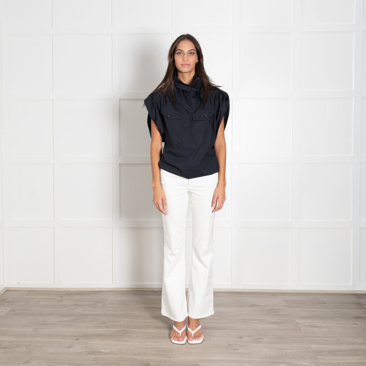 Isabel Marant Etolie Navy Remea Short Sleeve Funnel Neck Top