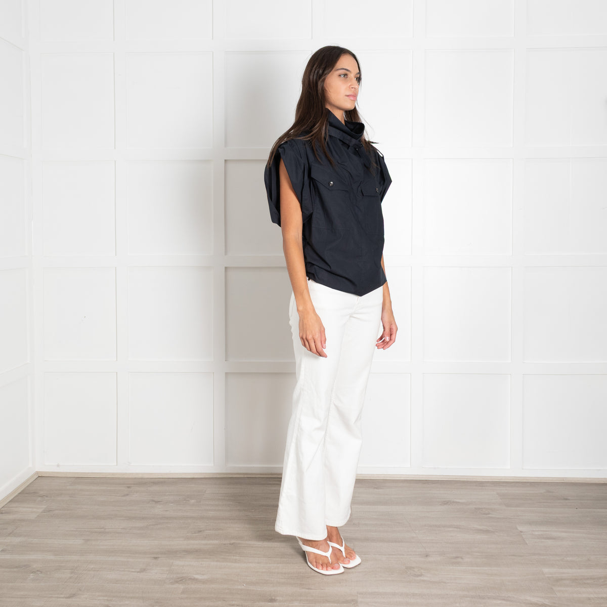 Isabel Marant Etolie Navy Remea Short Sleeve Funnel Neck Top