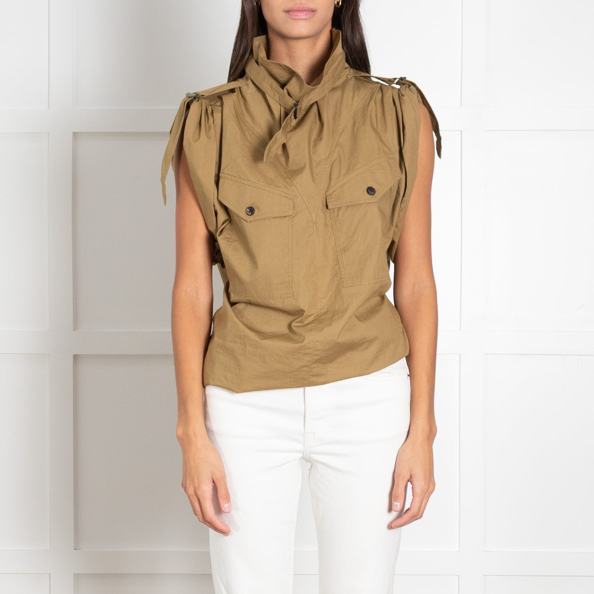 Isabel Marant Etolie Khaki Remea Short Sleeve Funnel Neck Top