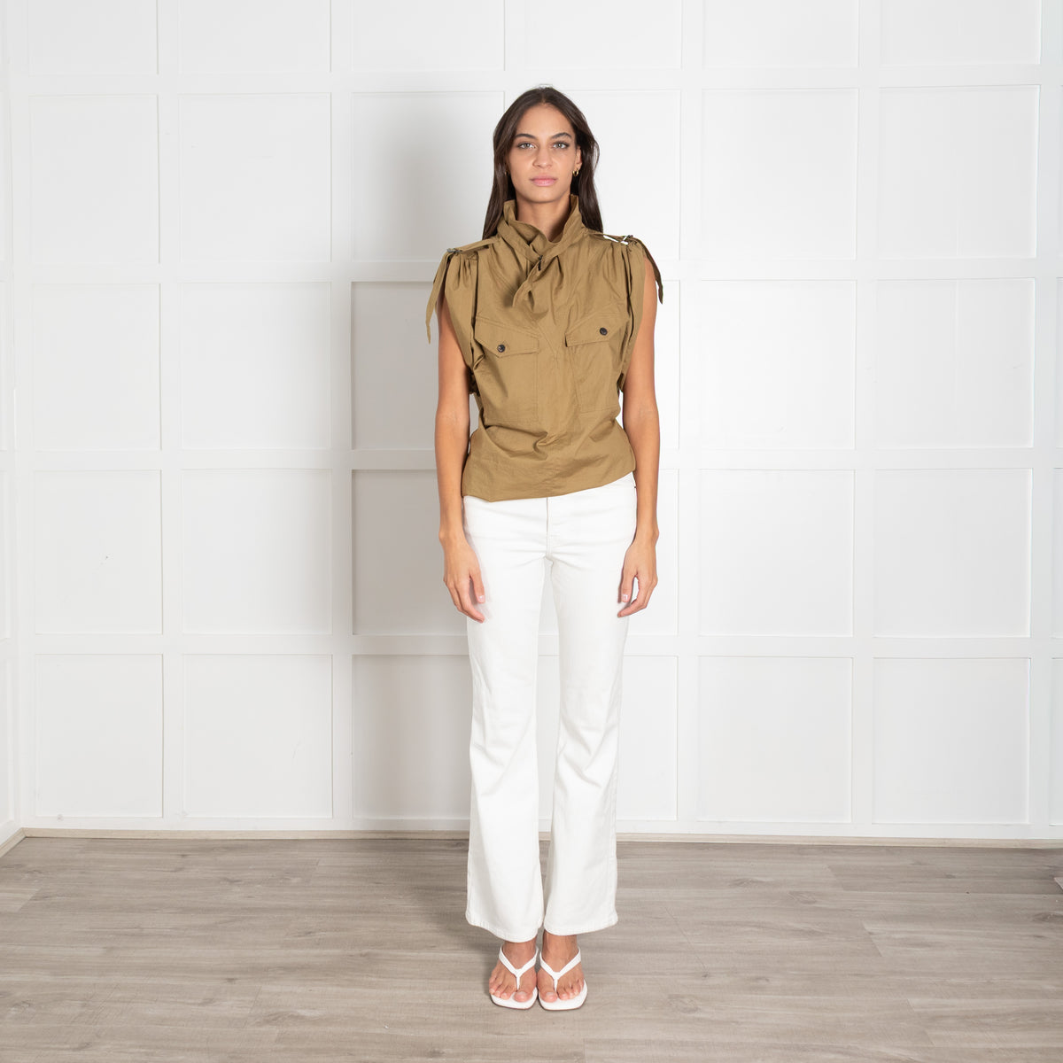 Isabel Marant Etolie Khaki Remea Short Sleeve Funnel Neck Top