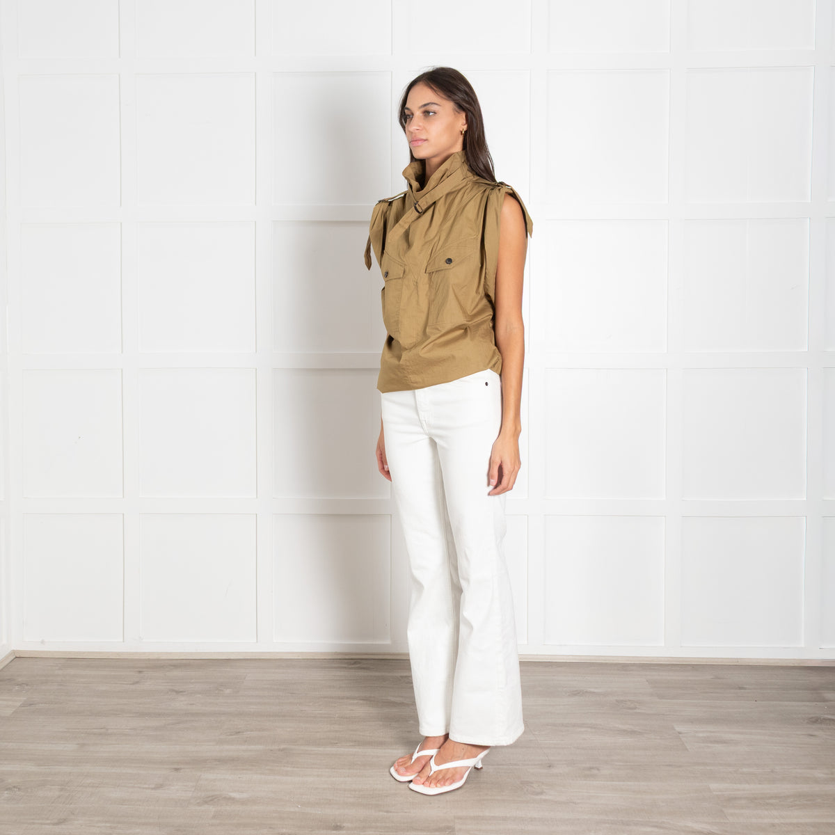 Isabel Marant Etolie Khaki Remea Short Sleeve Funnel Neck Top