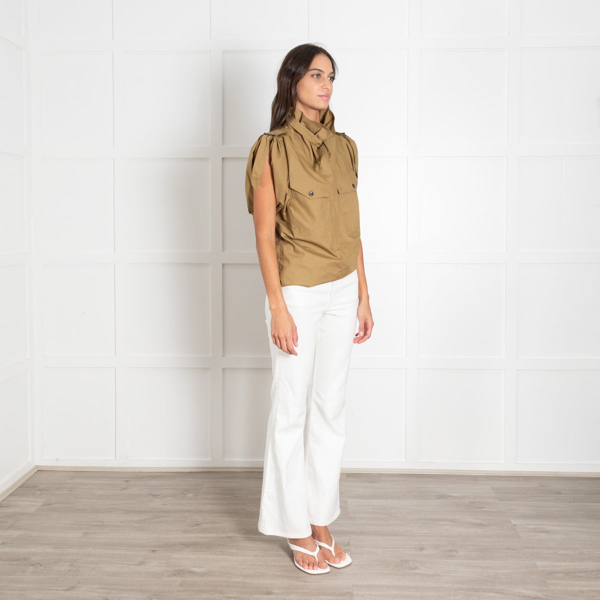 Isabel Marant Etolie Khaki Remea Short Sleeve Funnel Neck Top