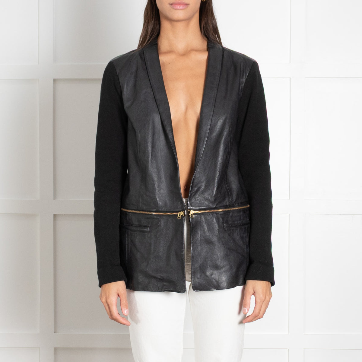Day Birger Mikkelsen Black Leather Knit Sleeves Jacket