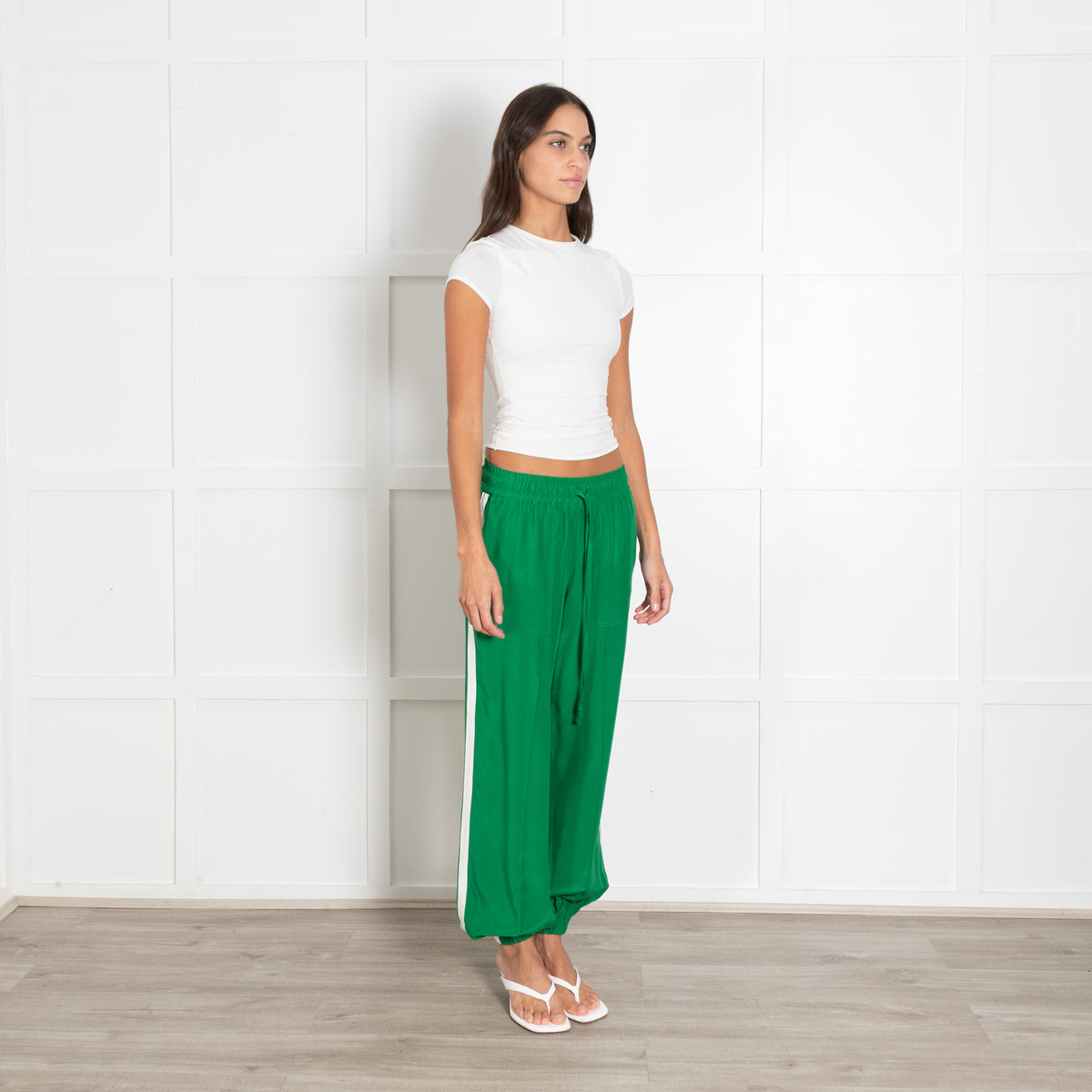 Serena Bute Green White Trim Elasticated Waist Trousers