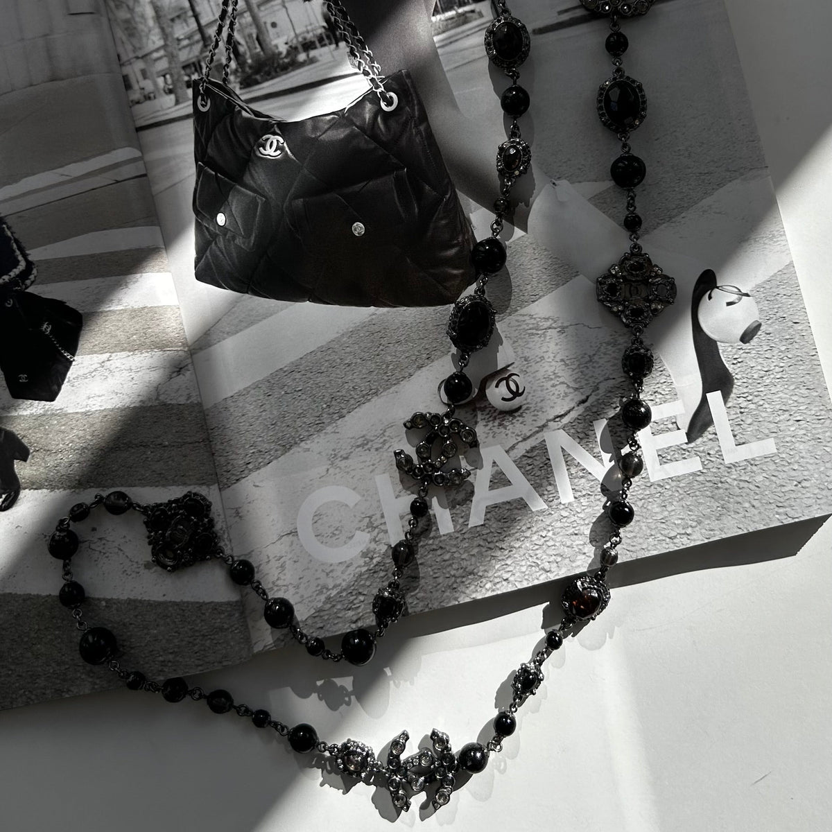 Chanel Gunmetal Silver Pearl Diamante CC Long Necklace