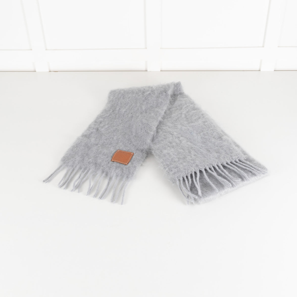 Loewe Grey Mohair Blend Leather Trim Scarf