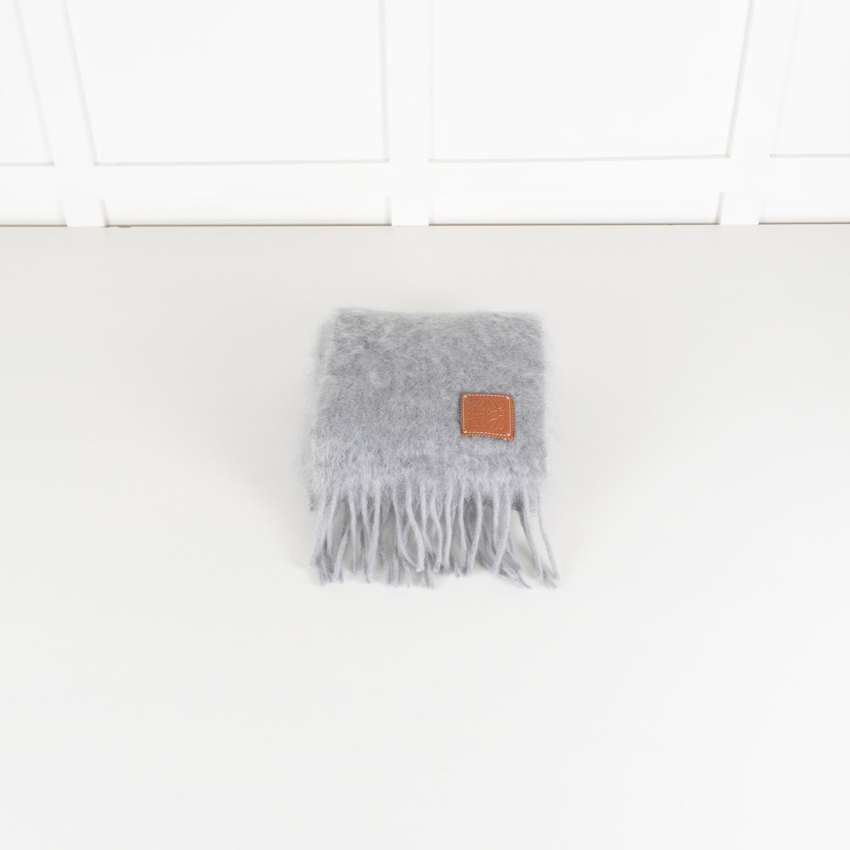 Loewe Grey Mohair Blend Leather Trim Scarf