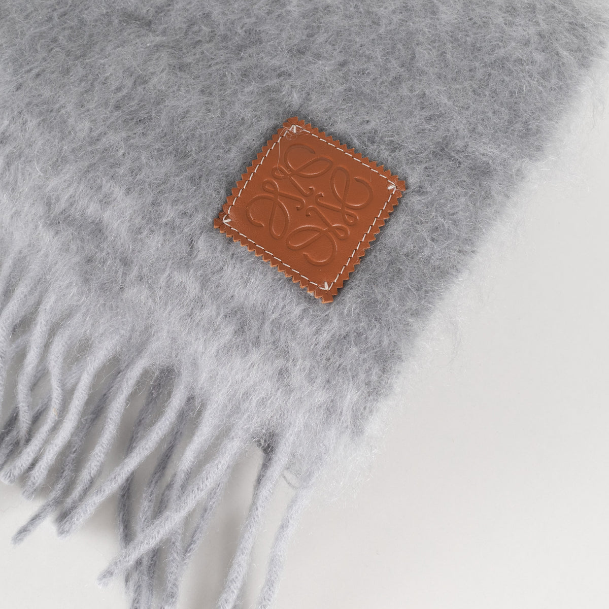 Loewe Grey Mohair Blend Leather Trim Scarf