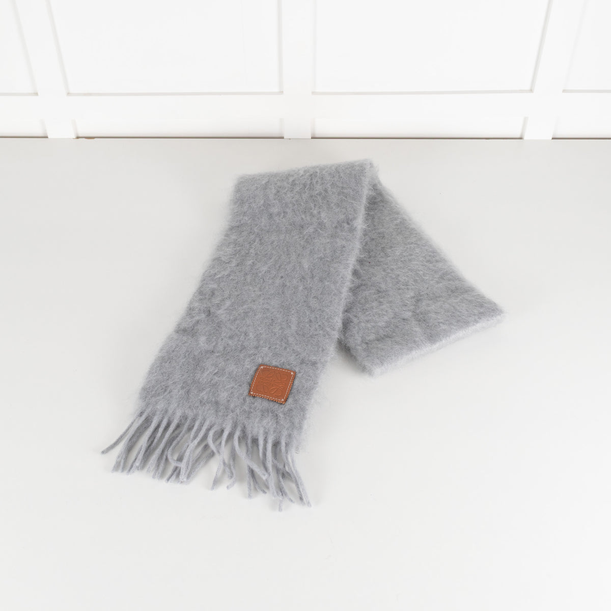 Loewe Grey Mohair Blend Leather Trim Scarf