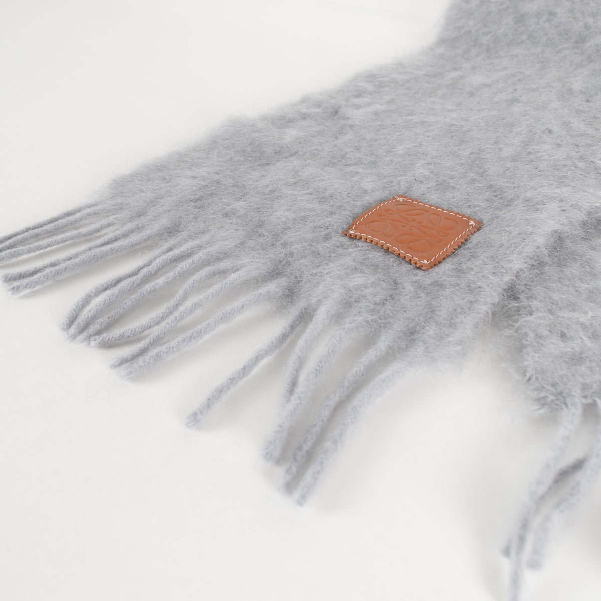 Loewe Grey Mohair Blend Leather Trim Scarf